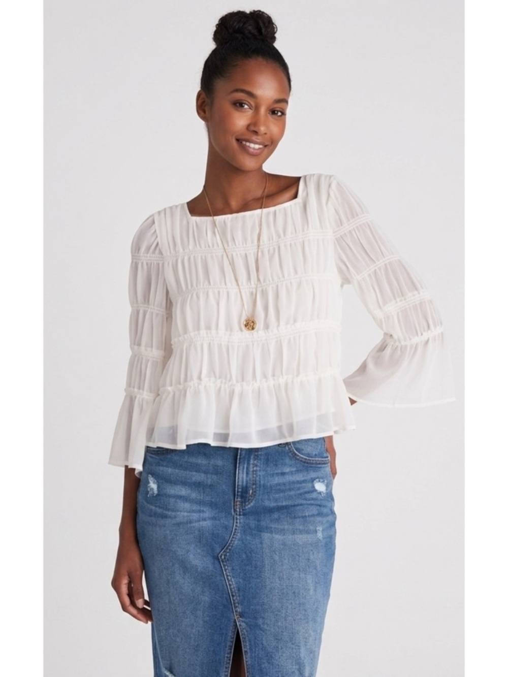 Madewell Tiered Smocked Chiffon White Blouse women’s Size M Top Square Neck New